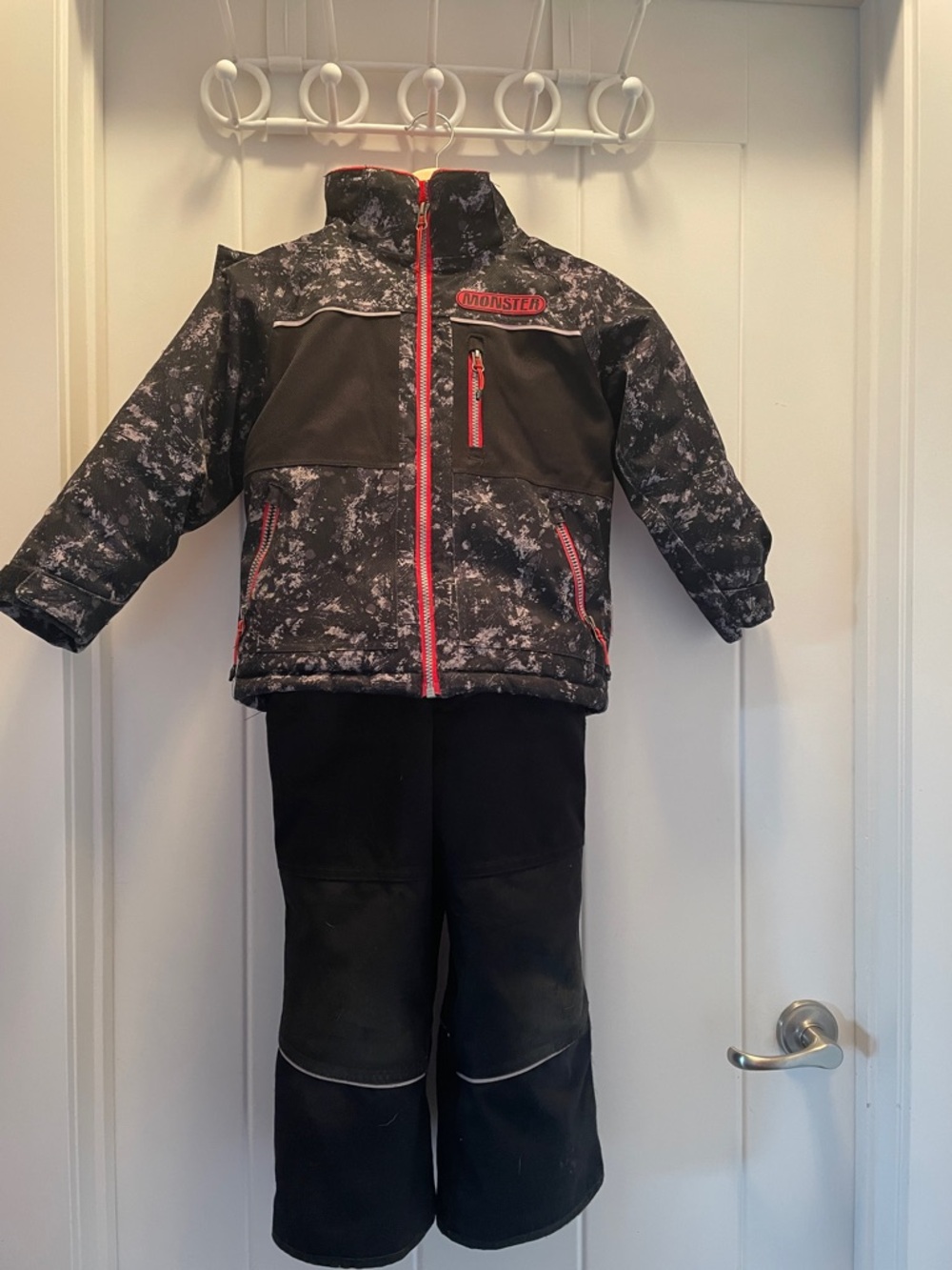 Kids black and red jacket and snow pants with Branded Adjustable Suspenders